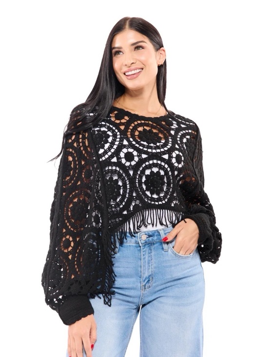 Tops - Black Crochet Fringe Pullover Sweater- NWT